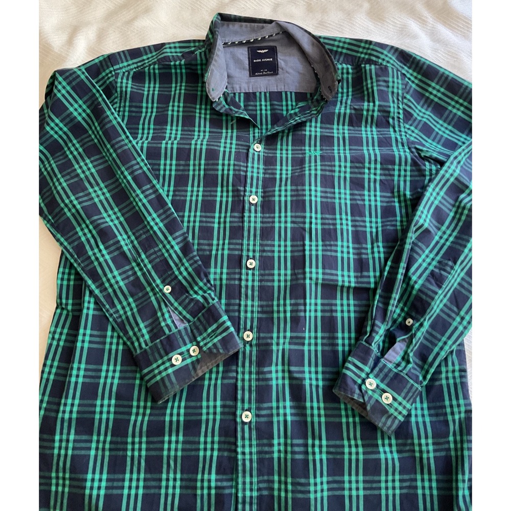 Park Avenue Mens Green Navy Plaid Button Down Shirt Long Sleeve Casual Size 42cm